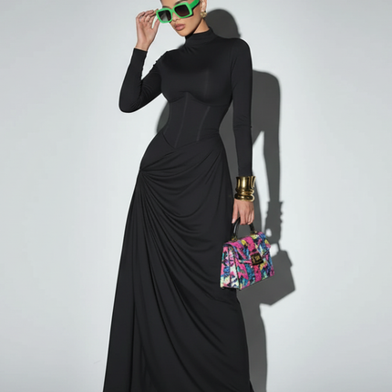 High Neck Waist-Cinched Slit Dress For Women, Elegant, Fifth Avenue, BYMANYC New York.