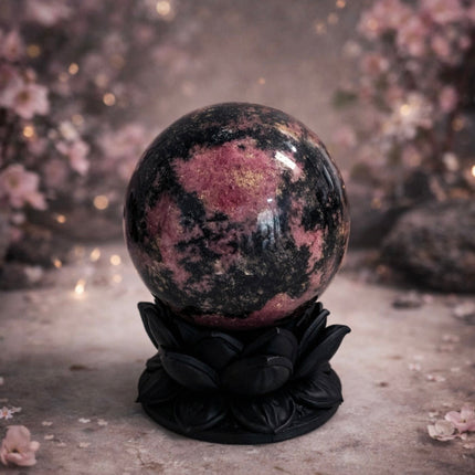 Rhodonite Sphere with Dark Lotus Stand | Handcrafted by Kreateur Studio
