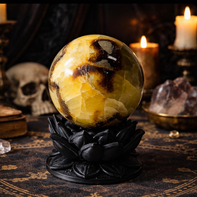 Ethereal Dark Lotus Crystal Ball Stand with Septarian Dragon Stone Sphere