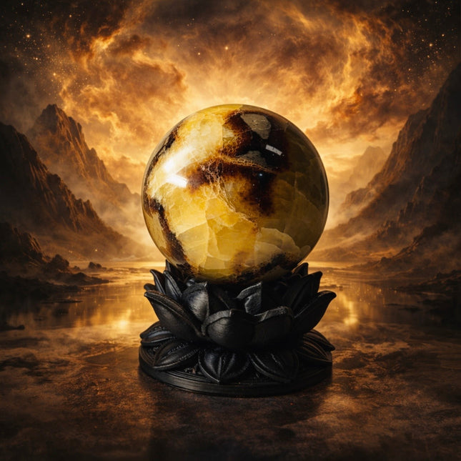 Ethereal Dark Lotus Crystal Ball Stand with Septarian Dragon Stone Sphere