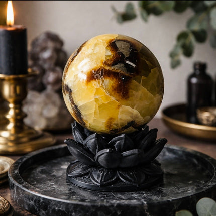 Ethereal Dark Lotus Crystal Ball Stand with Septarian Dragon Stone Sphere