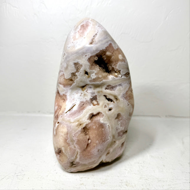 Polished Pink Amethyst Flower Agate Freeform – Subtle Lavender Tones, Orbicular Patterns & Natural Druzy Cavities