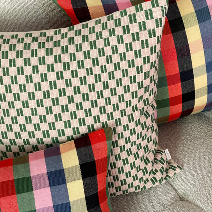 Checkered Brocade Pillow - Green & Cream