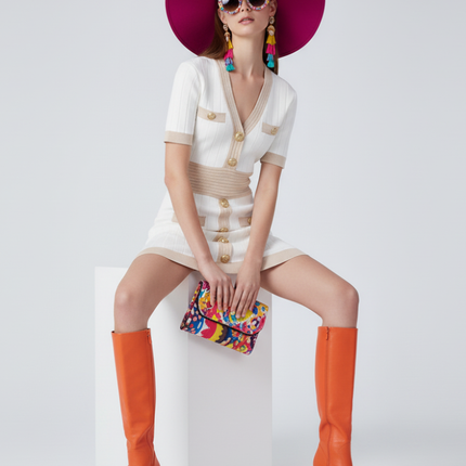 Ice Silk Knit Dress with Gold Buckle For Women, V-Neck, Upper East Side, BYMANYC New York.