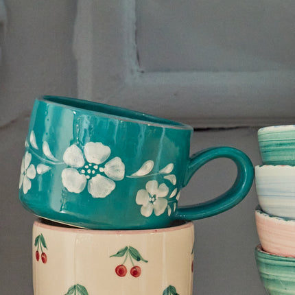 Ceramic Cappuccino Cup with Hand Painted White Flowers Vine - 6.7 oz