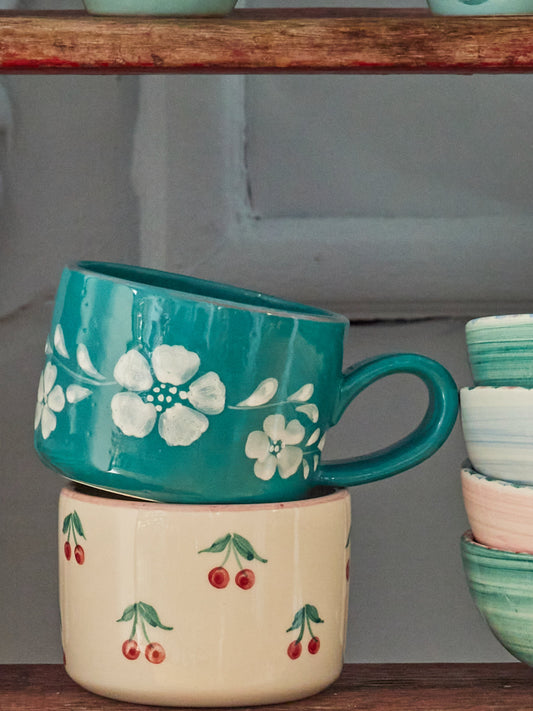 Ceramic Cappuccino Cup with Hand Painted White Flowers Vine - 6.7 oz
