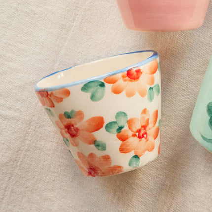 Ceramic Oval Espresso Cup with Hand Painted Orange Flowers - 2.4 oz