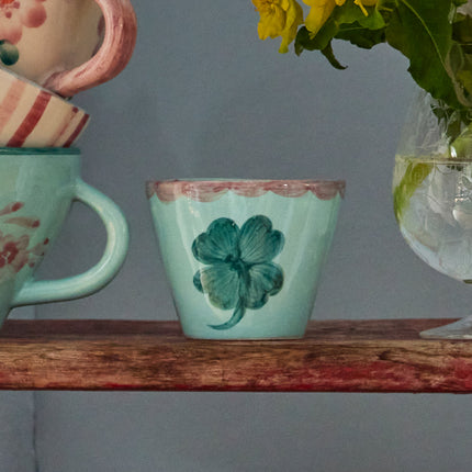 Ceramic Oval Espresso Cup with Hand Painted Good Luck Clover - 2.4 oz