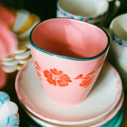 Ceramic Oval Cup with Hand Painted Orange Flower Vine - 10.1 oz