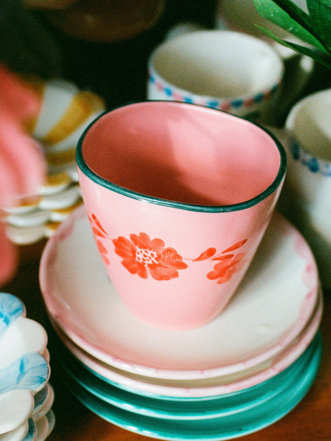 Ceramic Oval Cup with Hand Painted Orange Flower Vine - 10.1 oz