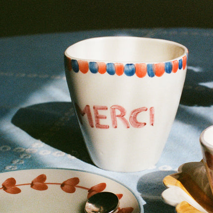 Ceramic Oval Cup with Hand Painted Merci - 10.1 oz