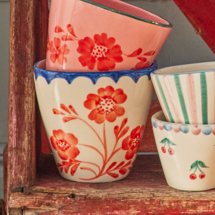 Ceramic Oval Cup with Hand Painted Vintage Flowers - 10.1 oz