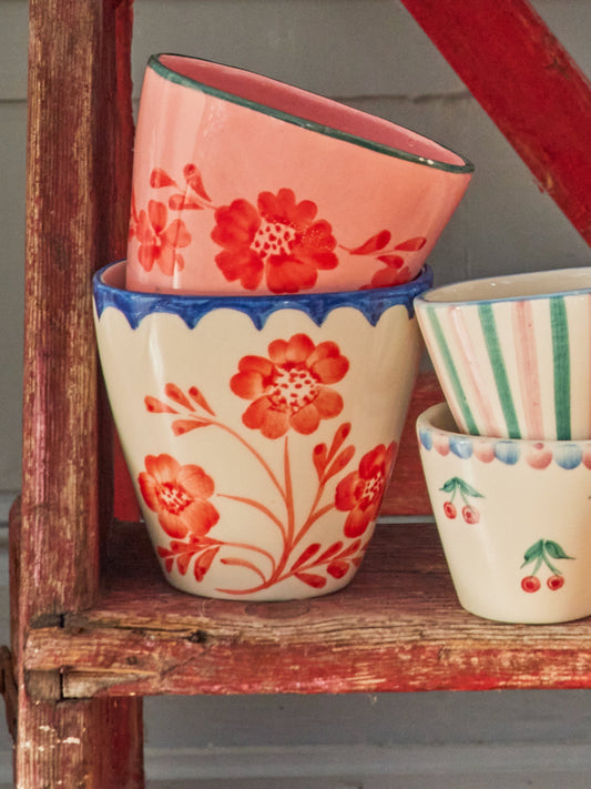 Ceramic Oval Cup with Hand Painted Vintage Flowers - 10.1 oz