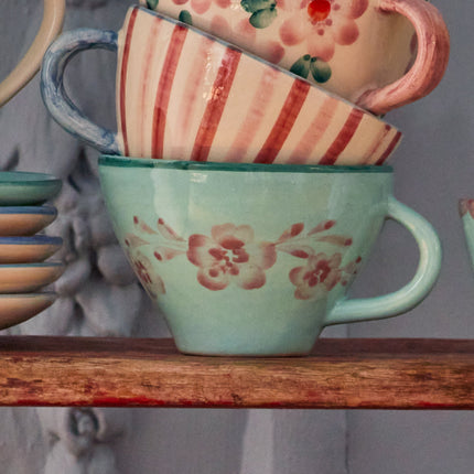 Ceramic Tea Cup with Hand Painted Soft Pink Flower Vine - 5.0 oz