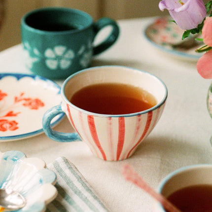 Ceramic Tea Cup with Hand Painted Stripes - 5.0 oz