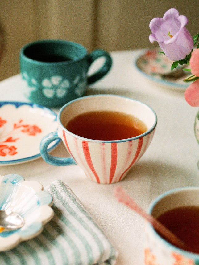 Ceramic Tea Cup with Hand Painted Stripes - 5.0 oz
