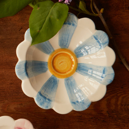 Ceramic Flower Dipping Bowl with Blue Hand Painted Stripes