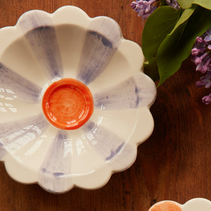 Ceramic Flower Dipping Bowl with Lavender Hand Painted Stripes