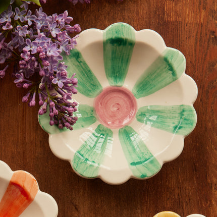 Ceramic Flower Dipping Bowl with Soft Green Hand Painted Stripes
