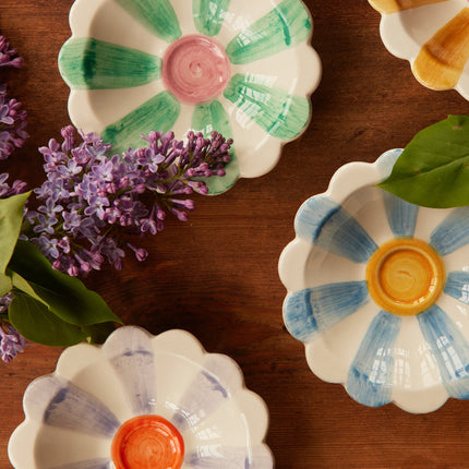 Ceramic Flower Dipping Bowl with Blue Hand Painted Stripes