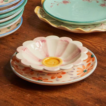 Ceramic Flower Dipping Bowl with Pink Hand Painted Stripes