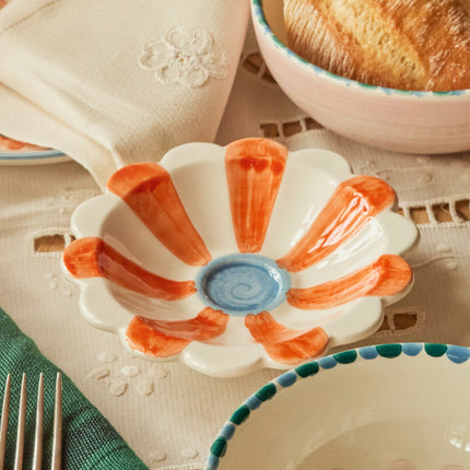 Ceramic Flower Dipping Bowl with Orange Hand Painted Stripes