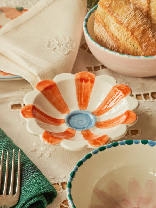 Ceramic Flower Dipping Bowl with Orange Hand Painted Stripes