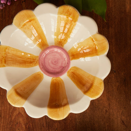 Ceramic Flower Dipping Bowl with Yellow Hand Painted Stripes
