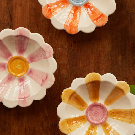 Ceramic Flower Dipping Bowl with Orange Hand Painted Stripes