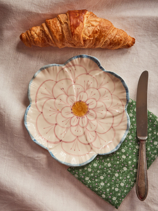 Ceramic Flower Shaped Side Plate with Blue Border