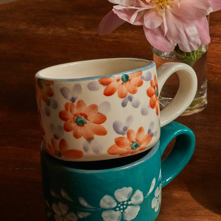 Ceramic Cappuccino Cup with Hand Painted Orange Flowers - 6.7 oz