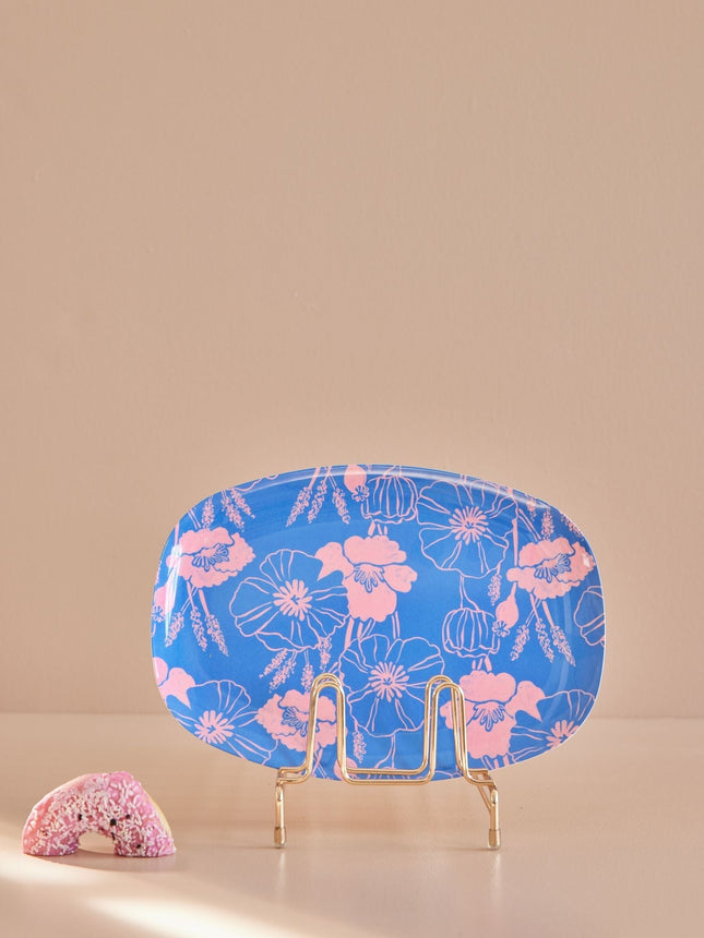 Medium Melamine Rectangular Plate - Blue - Poppies Love Print