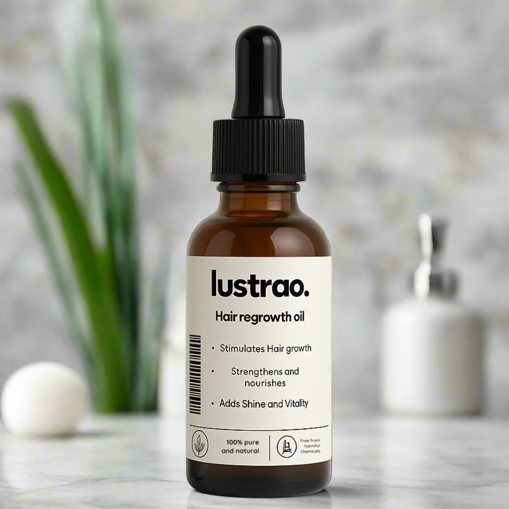 Lustrao Hair Regrowth Oil bottle with botanical ingredients like rosemary, peppermint, and ginseng