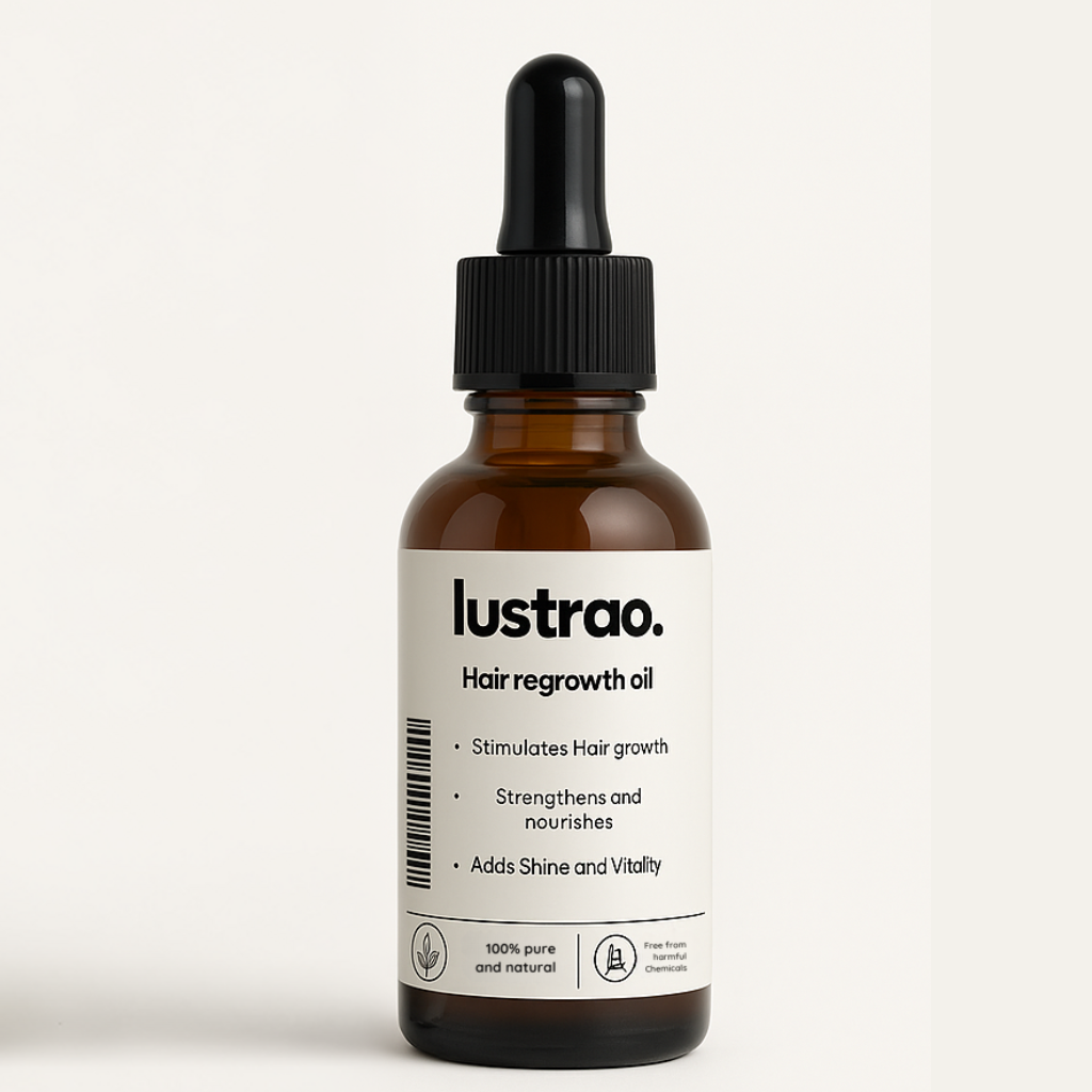 Lustrao Hair Regrowth Oil bottle with botanical ingredients like rosemary, peppermint, and ginseng