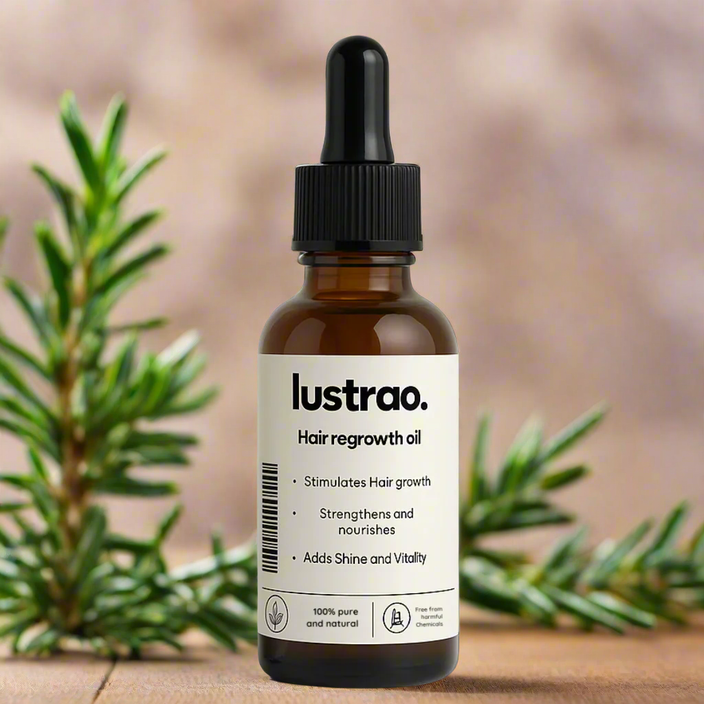 Lustrao Hair Regrowth Oil bottle with botanical ingredients like rosemary, peppermint, and ginseng