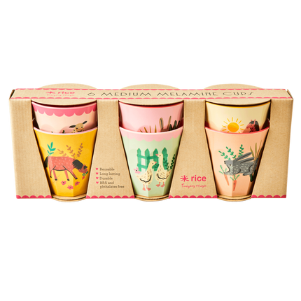 Melamine Kids Cups in Pink Farm Prints - Medium - 6 pcs. in Gift Box