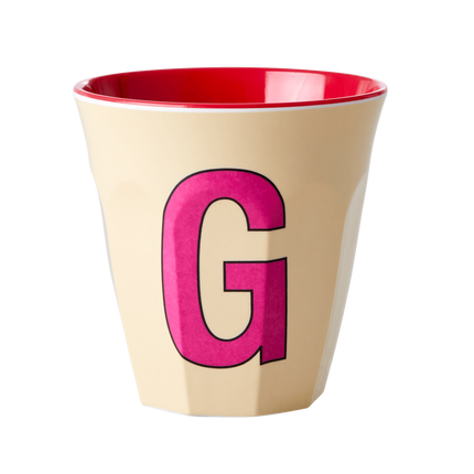Two Melamine Cups - Medium with Alphabet in Pinkish Colors | Letter G