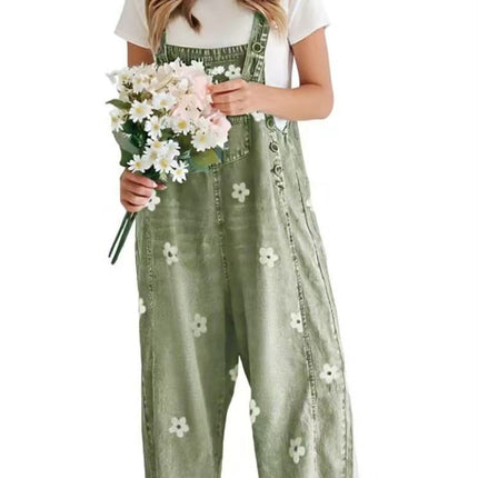 2026 New Foreign Trade Amazon Floral Print Wide-Leg Pants with Patchwork Loose Casual Retro Denim Overalls