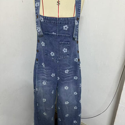 2026 New Foreign Trade Amazon Floral Print Wide-Leg Pants with Patchwork Loose Casual Retro Denim Overalls