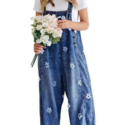 2026 New Foreign Trade Amazon Floral Print Wide-Leg Pants with Patchwork Loose Casual Retro Denim Overalls