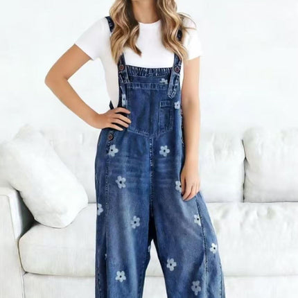 2026 New Foreign Trade Amazon Floral Print Wide-Leg Pants with Patchwork Loose Casual Retro Denim Overalls