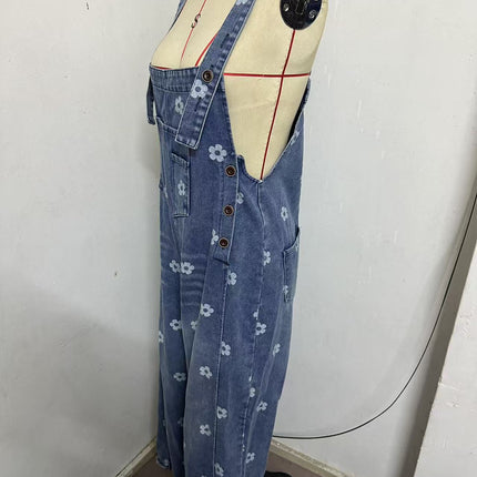 2026 New Foreign Trade Amazon Floral Print Wide-Leg Pants with Patchwork Loose Casual Retro Denim Overalls