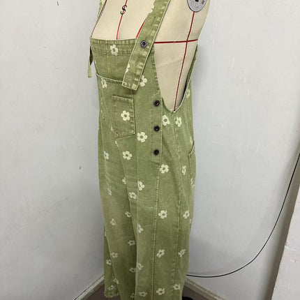 2026 New Foreign Trade Amazon Floral Print Wide-Leg Pants with Patchwork Loose Casual Retro Denim Overalls
