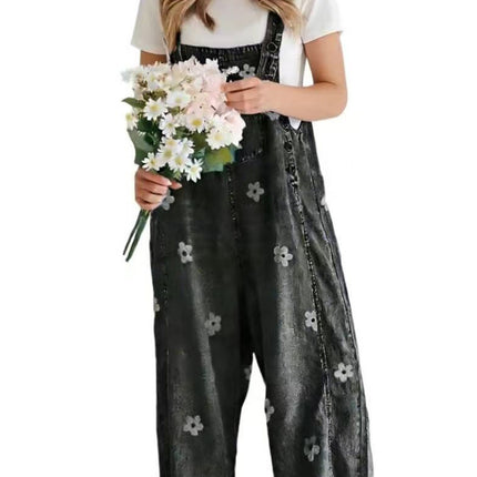2026 New Foreign Trade Amazon Floral Print Wide-Leg Pants with Patchwork Loose Casual Retro Denim Overalls