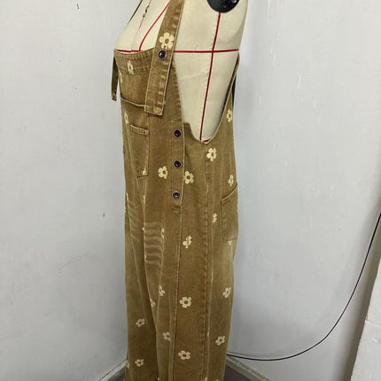 2026 New Foreign Trade Amazon Floral Print Wide-Leg Pants with Patchwork Loose Casual Retro Denim Overalls