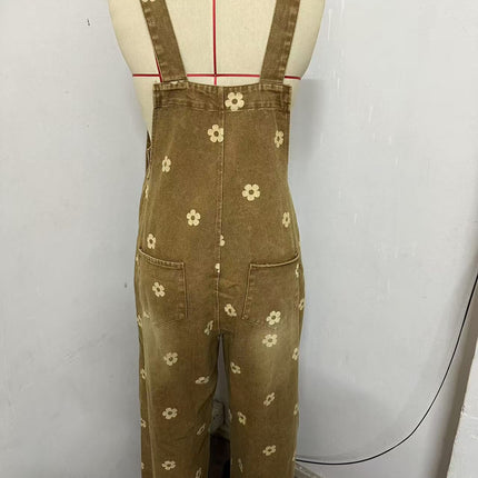 2026 New Foreign Trade Amazon Floral Print Wide-Leg Pants with Patchwork Loose Casual Retro Denim Overalls
