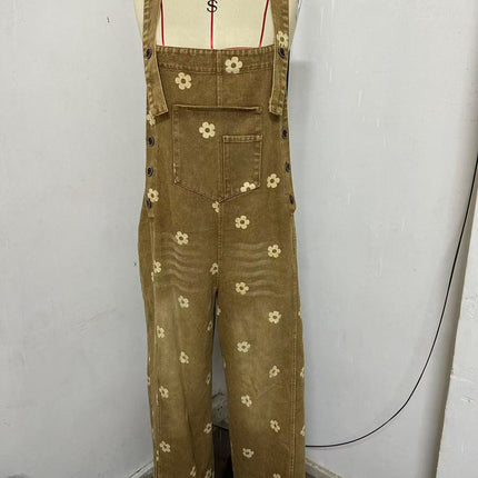 2026 New Foreign Trade Amazon Floral Print Wide-Leg Pants with Patchwork Loose Casual Retro Denim Overalls