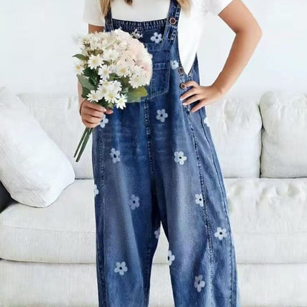 2026 New Foreign Trade Amazon Floral Print Wide-Leg Pants with Patchwork Loose Casual Retro Denim Overalls