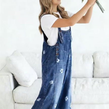 2026 New Foreign Trade Amazon Floral Print Wide-Leg Pants with Patchwork Loose Casual Retro Denim Overalls