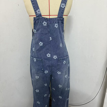 2026 New Foreign Trade Amazon Floral Print Wide-Leg Pants with Patchwork Loose Casual Retro Denim Overalls